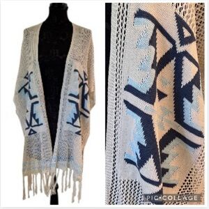 NWT Raga Front Open Cardigan Eggshell & Blue Fringe Sweater